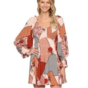 NWT Women’s Red/Camel Flower Mixed Print Smocked Flare Dress.